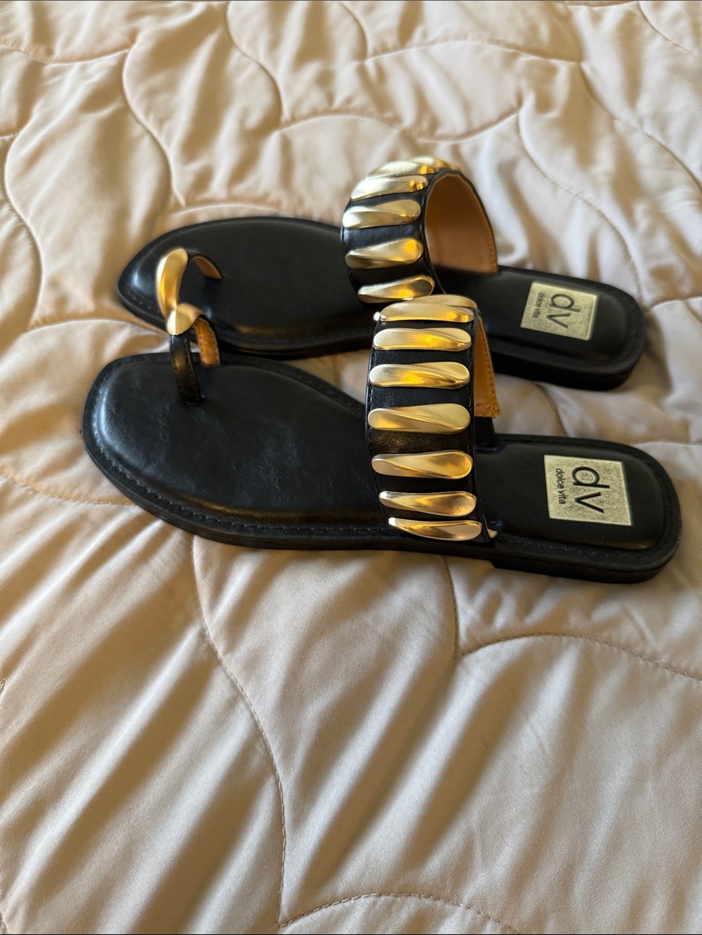 DV by Dolce Vita Black Leather Slide Sandals with Gold Accents